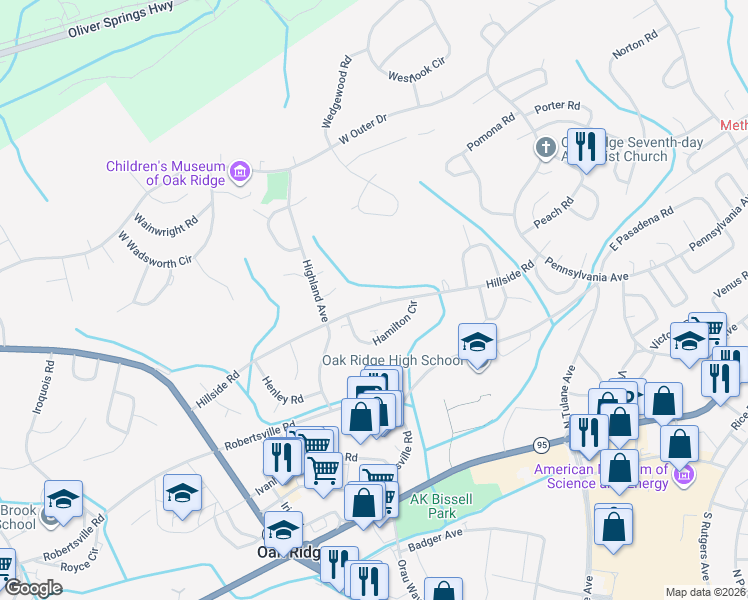 map of restaurants, bars, coffee shops, grocery stores, and more near 168 Hillside Road in Oak Ridge