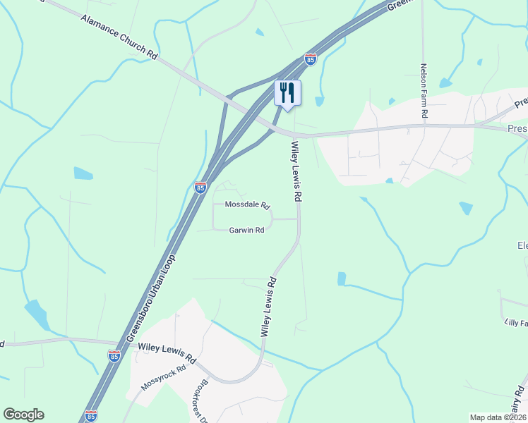 map of restaurants, bars, coffee shops, grocery stores, and more near 3209 Mossdale Road in Greensboro