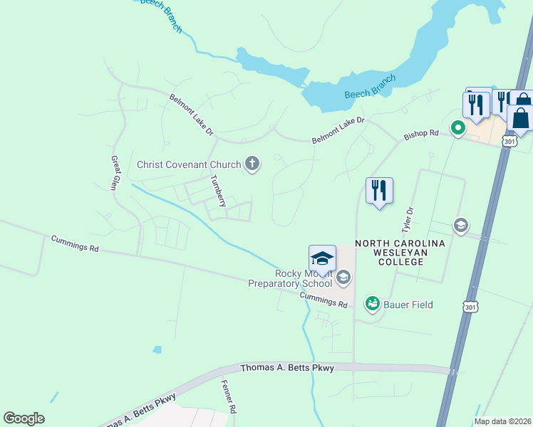 map of restaurants, bars, coffee shops, grocery stores, and more near 55 Eltham in Rocky Mount