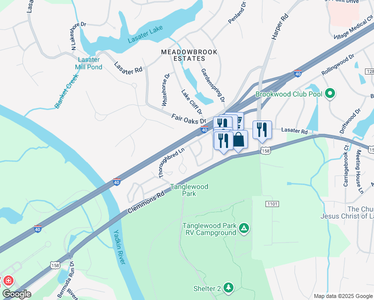 map of restaurants, bars, coffee shops, grocery stores, and more near 3904 Westridge Meadow Circle in Clemmons