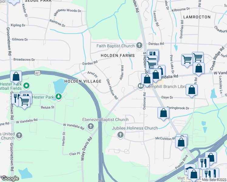 map of restaurants, bars, coffee shops, grocery stores, and more near 3403 Glen Hollow Road in Greensboro
