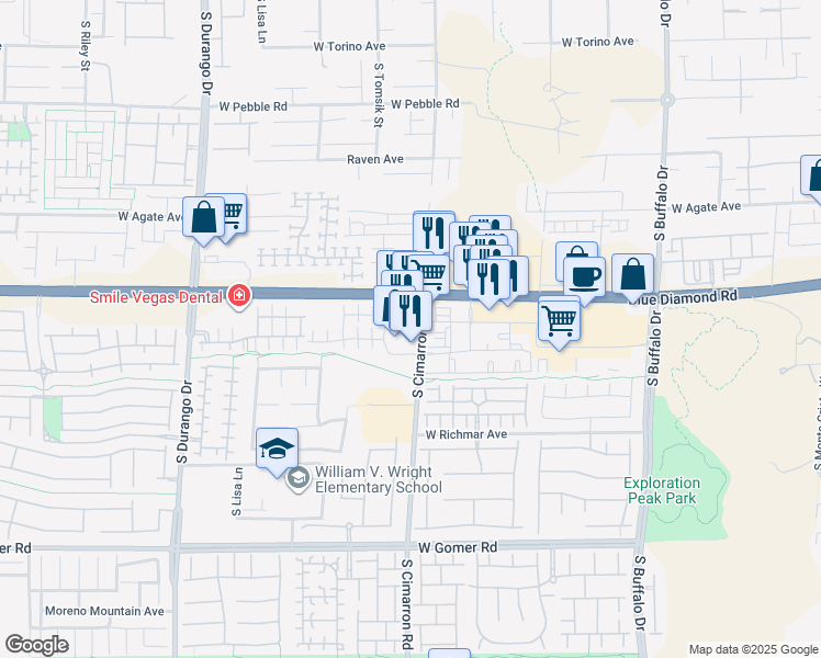 map of restaurants, bars, coffee shops, grocery stores, and more near 9305 South Cimarron Road in Las Vegas