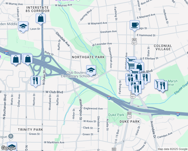 map of restaurants, bars, coffee shops, grocery stores, and more near 400 West Club Boulevard in Durham