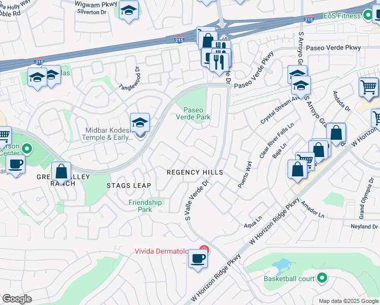 map of restaurants, bars, coffee shops, grocery stores, and more near 251 Mesquite Ridge Lane in Henderson