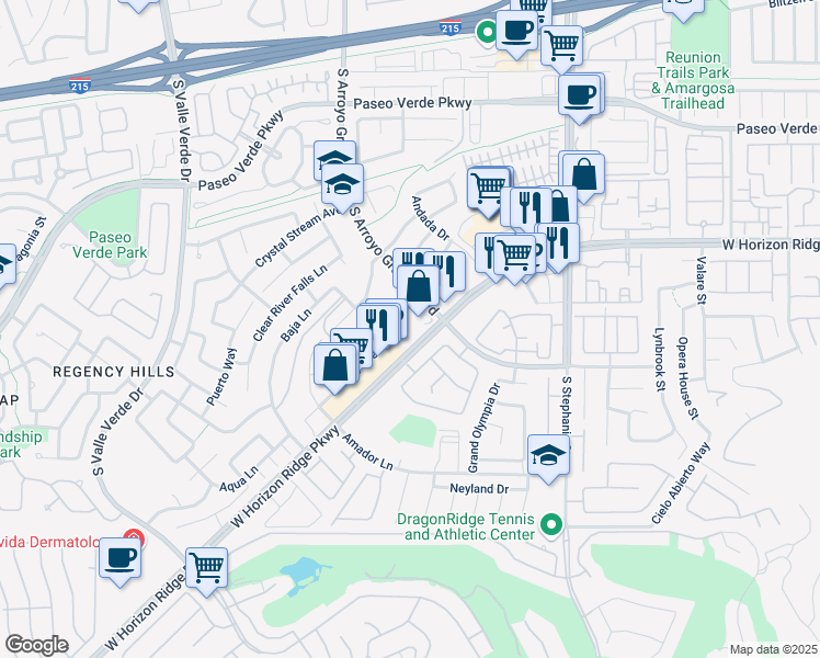 map of restaurants, bars, coffee shops, grocery stores, and more near 1500 West Horizon Ridge Parkway in Henderson