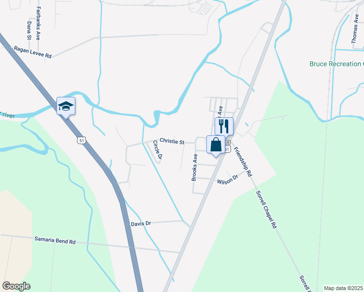 map of restaurants, bars, coffee shops, grocery stores, and more near 618 Christie Street in Dyersburg