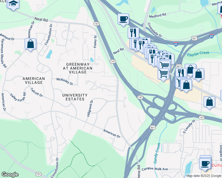 map of restaurants, bars, coffee shops, grocery stores, and more near 4 Forest Green Drive in Durham