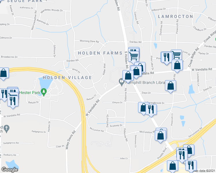 map of restaurants, bars, coffee shops, grocery stores, and more near 2328 West Vandalia Road in Greensboro