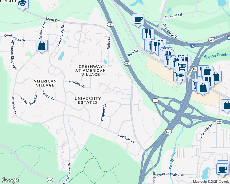 map of restaurants, bars, coffee shops, grocery stores, and more near 21 Forest Oaks Drive in Durham