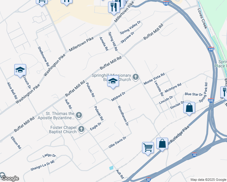 map of restaurants, bars, coffee shops, grocery stores, and more near 4711 Mildred Drive in Knoxville