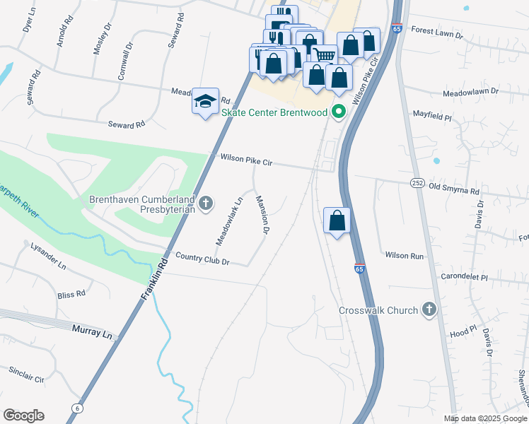 map of restaurants, bars, coffee shops, grocery stores, and more near 509 Mansion Drive in Brentwood