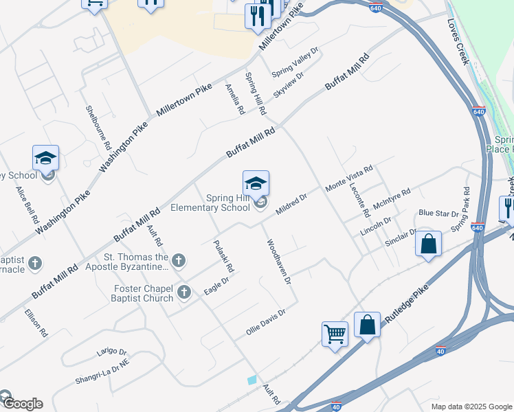 map of restaurants, bars, coffee shops, grocery stores, and more near 4711 Mildred Drive in Knoxville