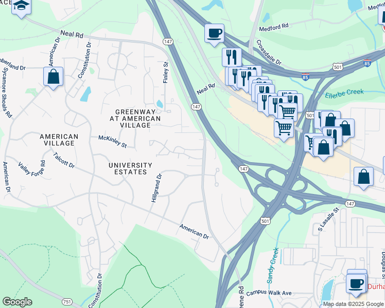map of restaurants, bars, coffee shops, grocery stores, and more near 4 Forest Green Drive in Durham
