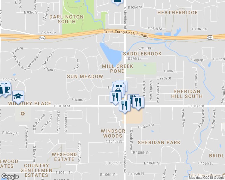 map of restaurants, bars, coffee shops, grocery stores, and more near 6234 East 100th Street in Tulsa