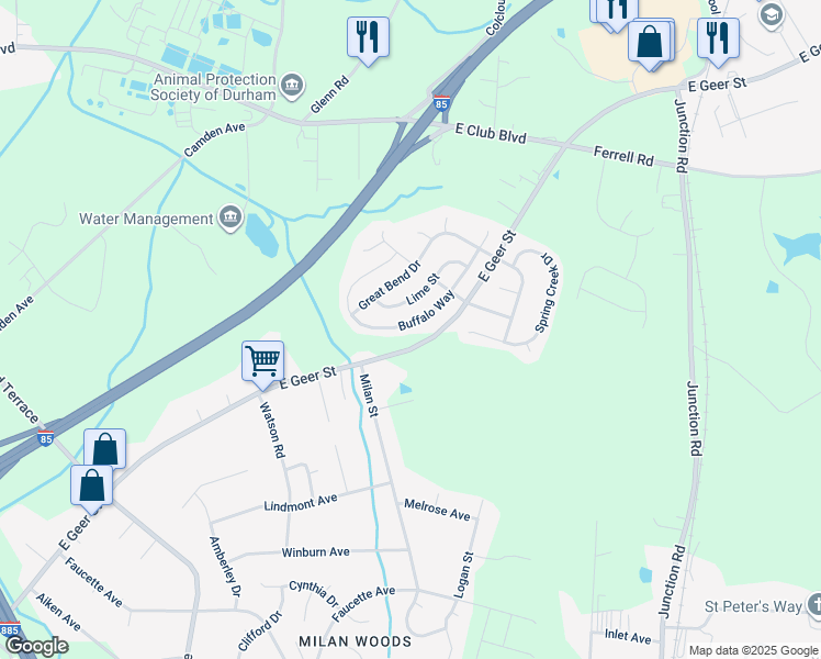map of restaurants, bars, coffee shops, grocery stores, and more near 2030 Buffalo Way in Durham