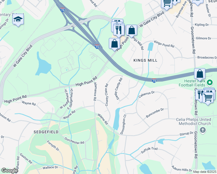 map of restaurants, bars, coffee shops, grocery stores, and more near 2813 County Clare Road in Greensboro