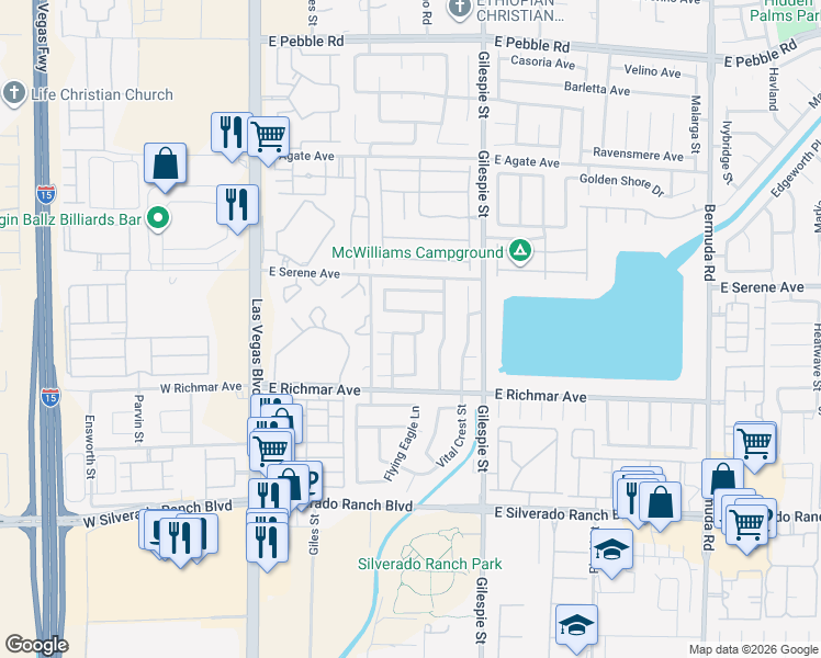 map of restaurants, bars, coffee shops, grocery stores, and more near 121 Windy Creek Avenue in Las Vegas