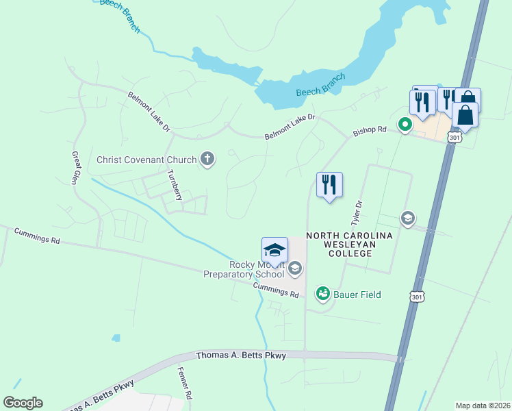 map of restaurants, bars, coffee shops, grocery stores, and more near 653-719 Chimney Hill Way in Rocky Mount