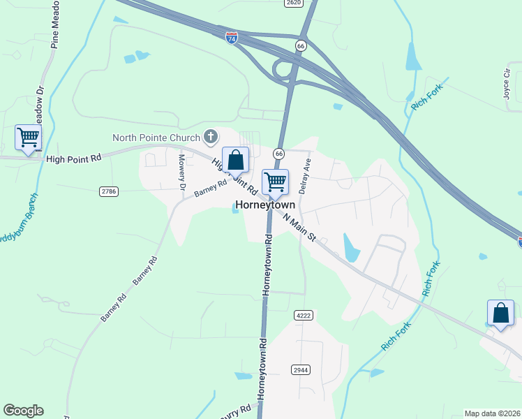 map of restaurants, bars, coffee shops, grocery stores, and more near 5250 High Point Road in High Point