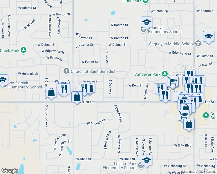 map of restaurants, bars, coffee shops, grocery stores, and more near 3001 South Oak Avenue in Broken Arrow