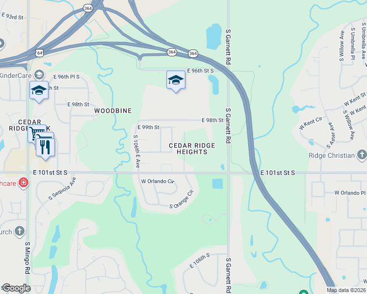 map of restaurants, bars, coffee shops, grocery stores, and more near 10945 East 101st Street in Broken Arrow