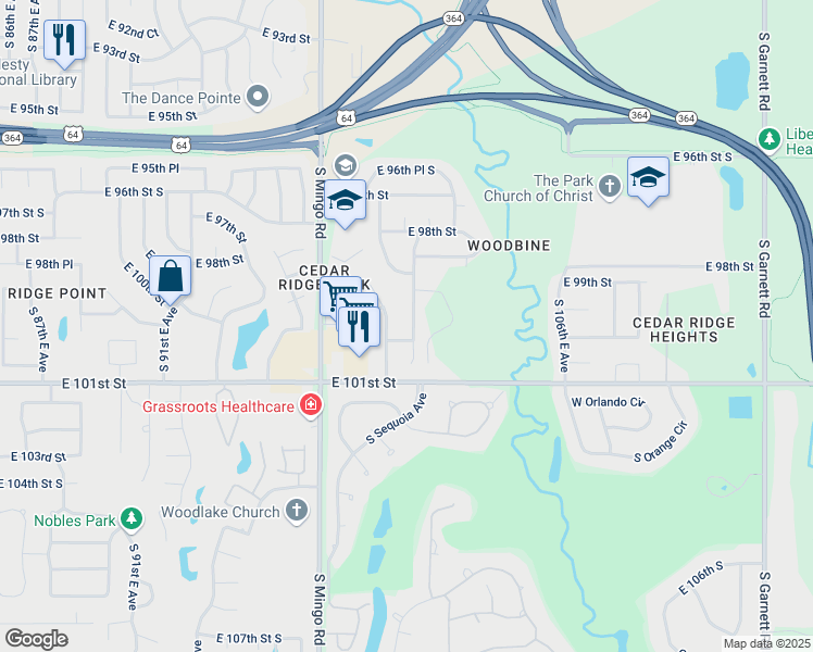 map of restaurants, bars, coffee shops, grocery stores, and more near 9934 South 100th East Place in Tulsa