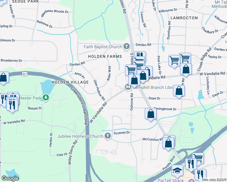 map of restaurants, bars, coffee shops, grocery stores, and more near 2326 West Vandalia Road in Greensboro