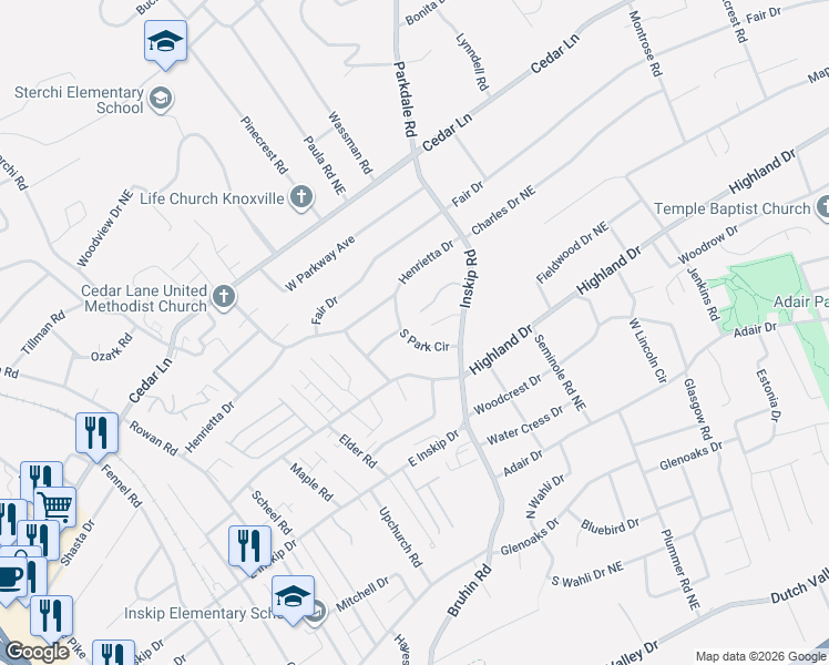 map of restaurants, bars, coffee shops, grocery stores, and more near 1005 South Park Circle in Knoxville