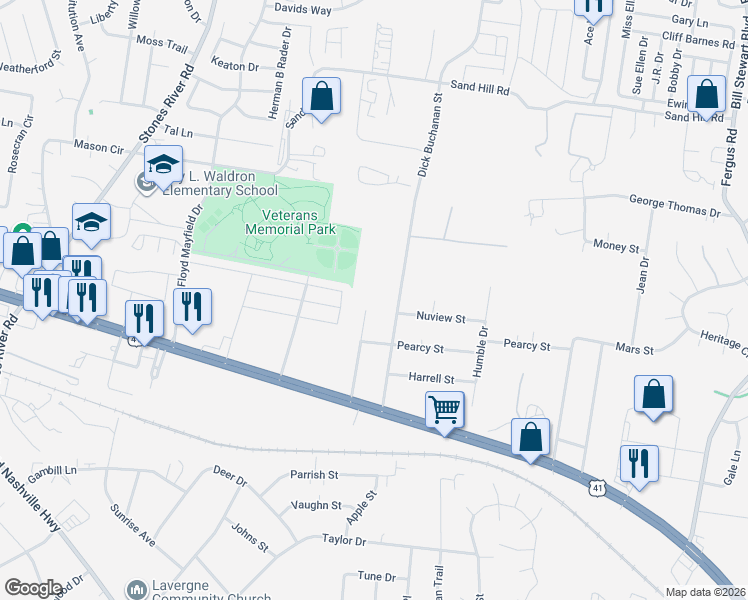 map of restaurants, bars, coffee shops, grocery stores, and more near 403 Dick Buchanan Street in La Vergne
