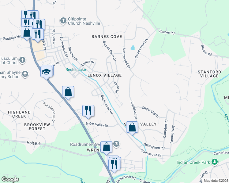 map of restaurants, bars, coffee shops, grocery stores, and more near 2626 Avery Park Drive in Nashville