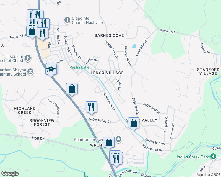 map of restaurants, bars, coffee shops, grocery stores, and more near 2626 Avery Park Drive in Nashville
