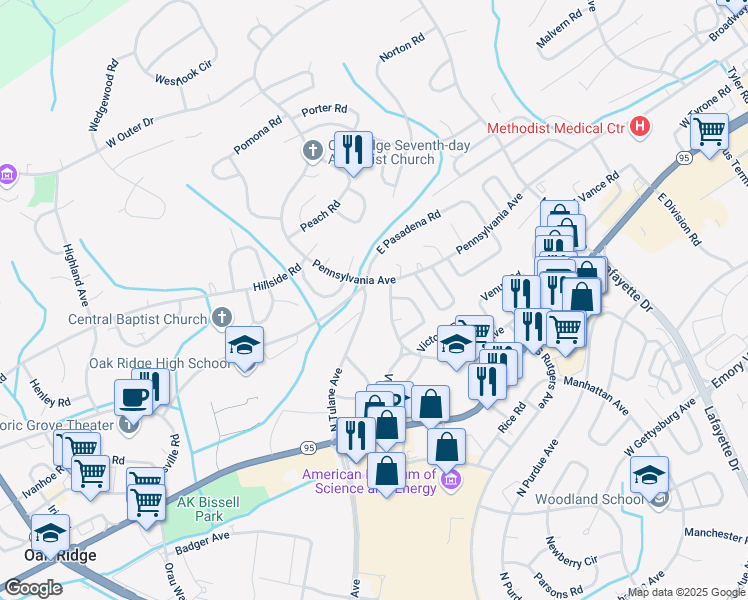 map of restaurants, bars, coffee shops, grocery stores, and more near 244 North Tulane Avenue in Oak Ridge