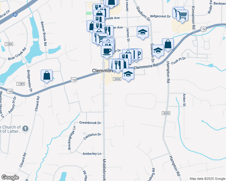 map of restaurants, bars, coffee shops, grocery stores, and more near 6611 Village Brook Trail in Clemmons