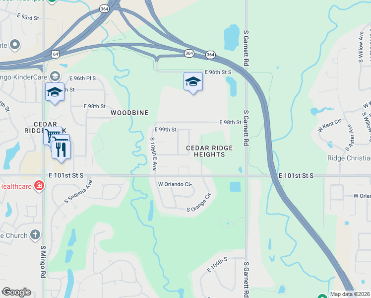 map of restaurants, bars, coffee shops, grocery stores, and more near 9922 South 108th East Avenue in Tulsa
