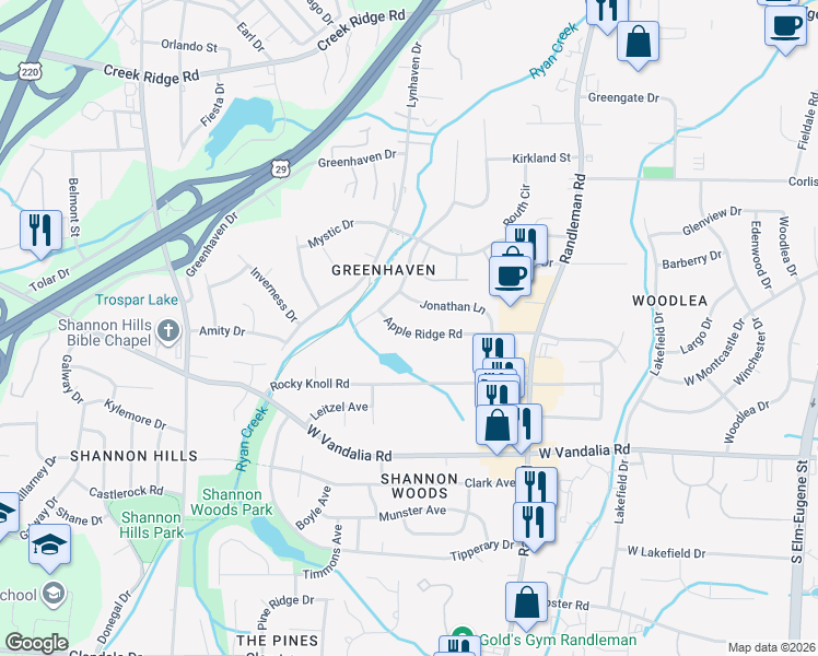 map of restaurants, bars, coffee shops, grocery stores, and more near 526 Apple Ridge Road in Greensboro