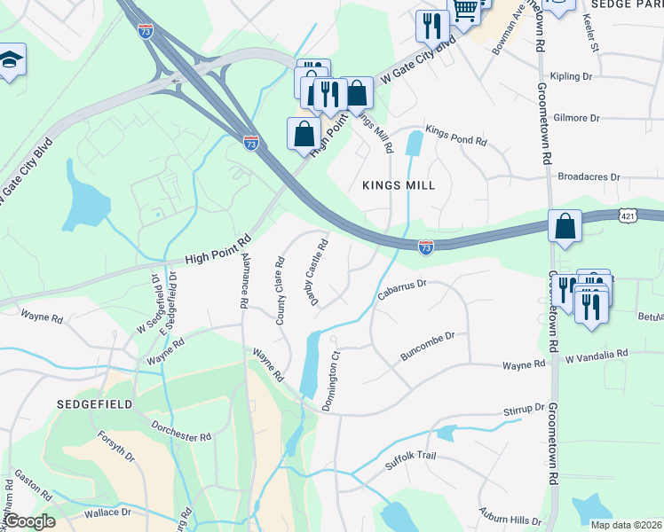map of restaurants, bars, coffee shops, grocery stores, and more near 4401 Dublin Castle Court in Greensboro