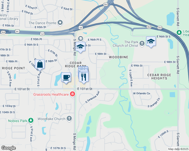 map of restaurants, bars, coffee shops, grocery stores, and more near 9934 South 100th East Place in Tulsa