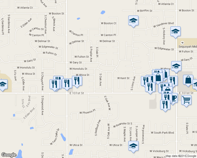 map of restaurants, bars, coffee shops, grocery stores, and more near 3001 South Oak Avenue in Broken Arrow