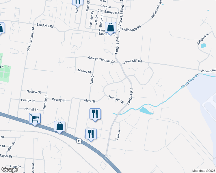 map of restaurants, bars, coffee shops, grocery stores, and more near 123 Heritage Circle in La Vergne