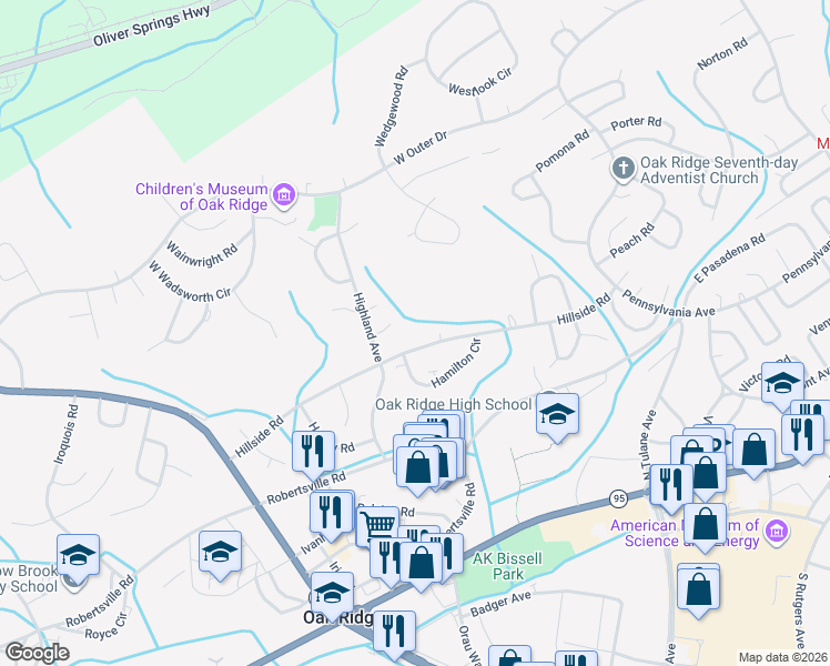 map of restaurants, bars, coffee shops, grocery stores, and more near 182 Hillside Road in Oak Ridge