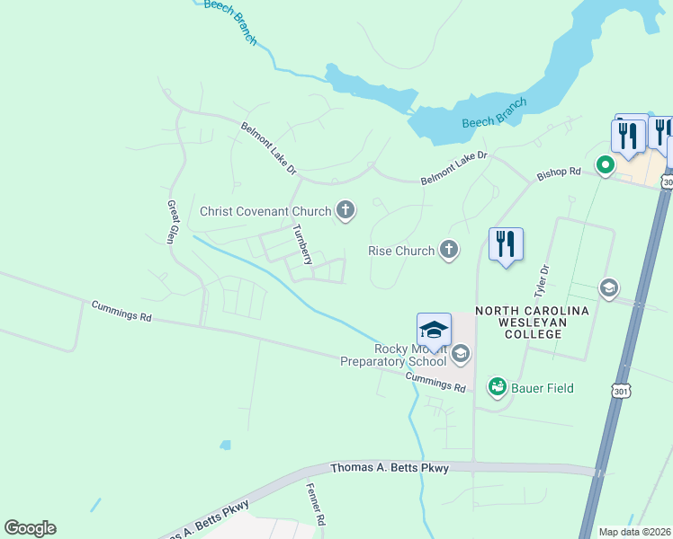 map of restaurants, bars, coffee shops, grocery stores, and more near Little Aston in Rocky Mount