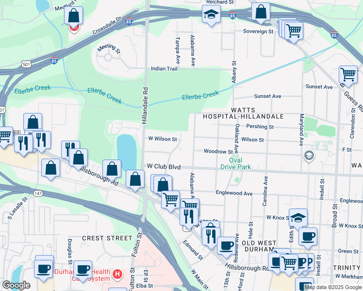 map of restaurants, bars, coffee shops, grocery stores, and more near 1312 Georgia Avenue in Durham