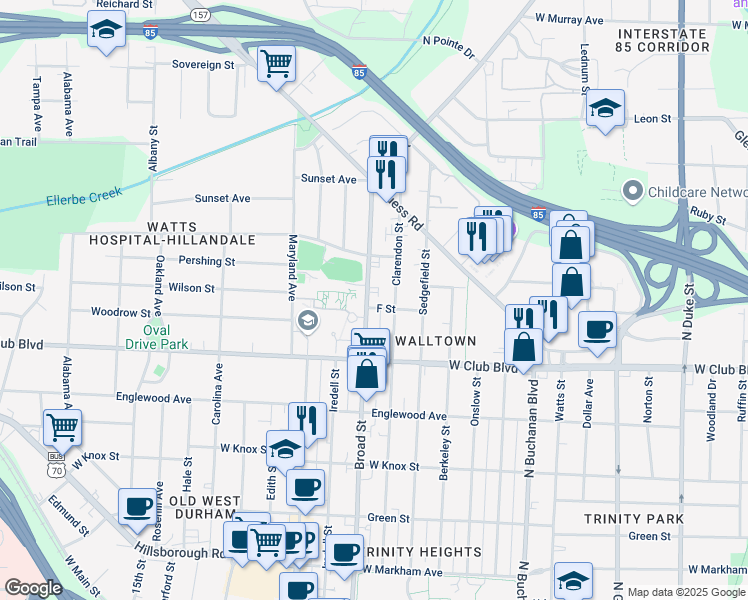 map of restaurants, bars, coffee shops, grocery stores, and more near 1302 Broad Street in Durham