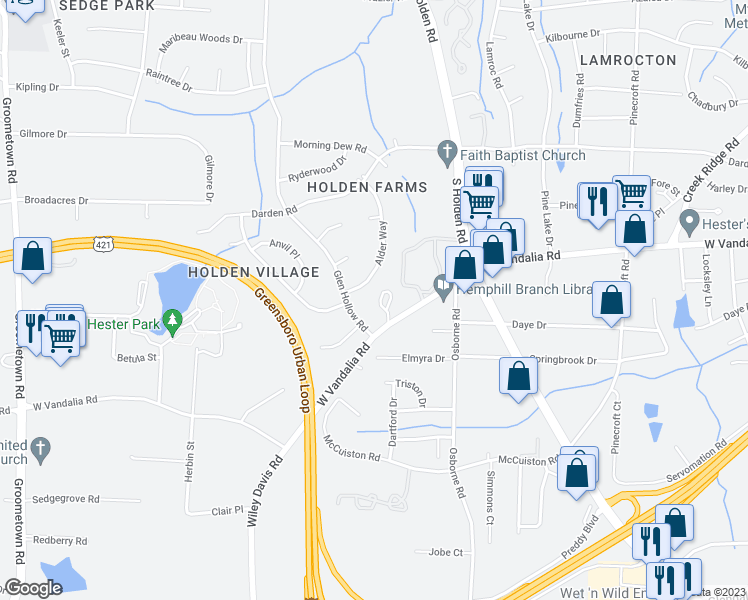 map of restaurants, bars, coffee shops, grocery stores, and more near 2330 West Vandalia Road in Greensboro