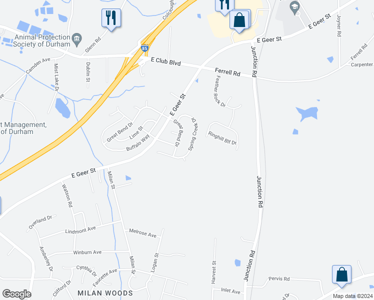 map of restaurants, bars, coffee shops, grocery stores, and more near 2017 Spring Creek Drive in Durham