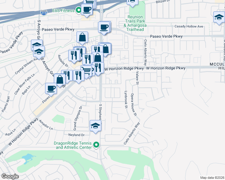 map of restaurants, bars, coffee shops, grocery stores, and more near 258 Cielito Lindo Street in Henderson