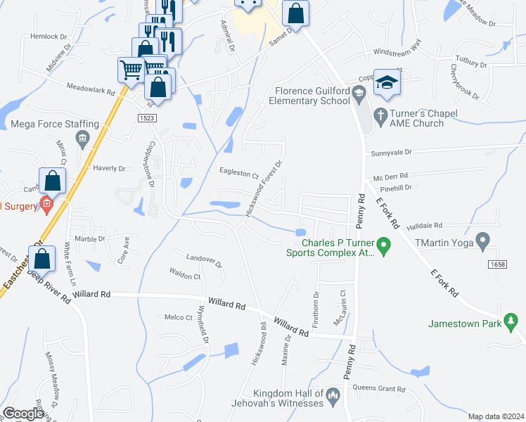 map of restaurants, bars, coffee shops, grocery stores, and more near 3844 Eagle Glen Road in High Point