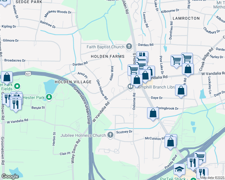 map of restaurants, bars, coffee shops, grocery stores, and more near 2328 West Vandalia Road in Greensboro