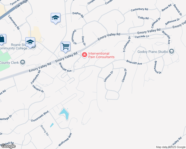 map of restaurants, bars, coffee shops, grocery stores, and more near 114 Dover Lane in Oak Ridge