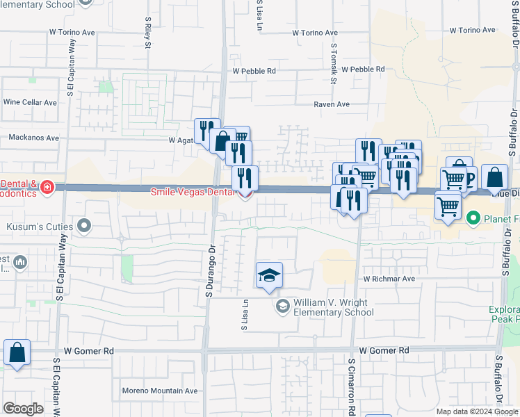 map of restaurants, bars, coffee shops, grocery stores, and more near 8485 Classique Avenue in Las Vegas